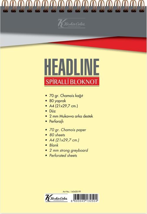 Bloknot (Not Defteri) A4 80 Yaprak Çizgisiz Karton Kapak Spiralli Headline 145420-99 (6 Lı Paket)
