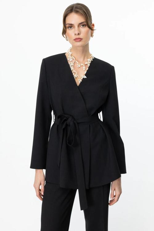 Kadın Beli Kuşaklı Çift Düğme Ceket 4232 Siyah