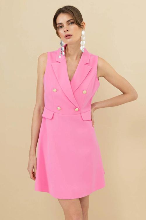 Kadın Ceket Yaka Kolsuz Elbise 5100 Pink