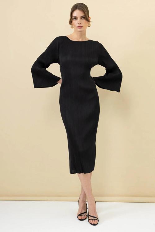 Kadın Akordiyon Kumaş Maxi Boy Elbise 5920 Siyah