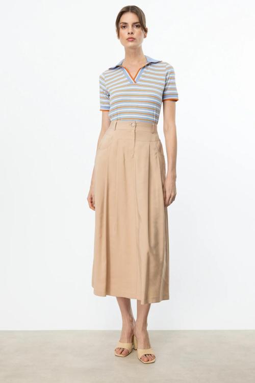 Kadın Beli Lastikli Yandan Cepli Etek 1066 Kum