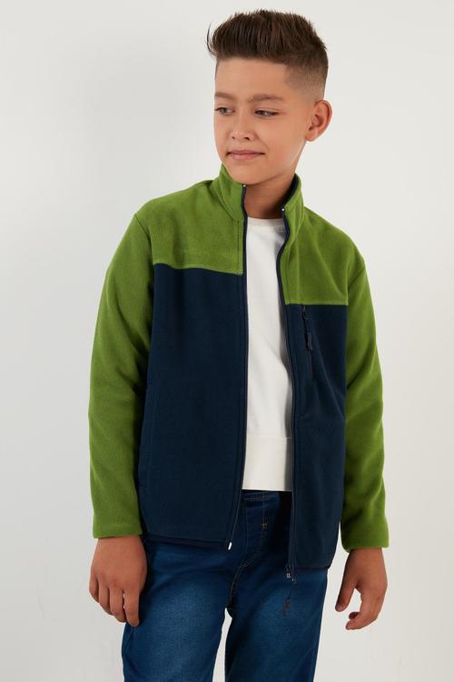 Yumuşak Dokulu Fermuarlı Renk Bloklu Dik Yaka Cepli Unisex Çocuk Polar 5905001 YEŞİL-LACİVERT