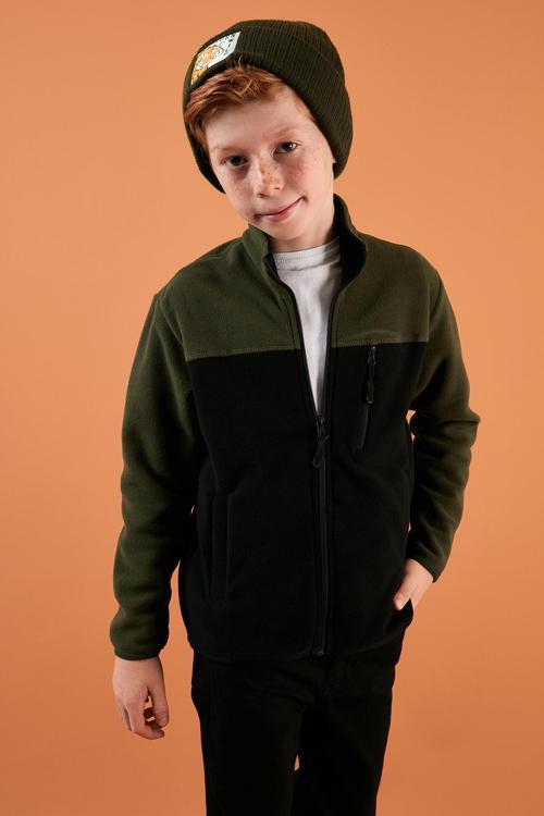 Yumuşak Dokulu Fermuarlı Renk Bloklu Dik Yaka Cepli Unisex Çocuk Polar 5905001 HAKİ-SİYAH
