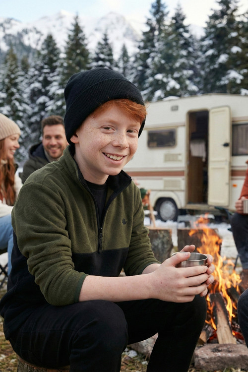 Yumuşak Dokulu Yarım Fermuarlı Renk Bloklu Dik Yaka Unisex Çocuk Polar 5905004 HAKİ-SİYAH