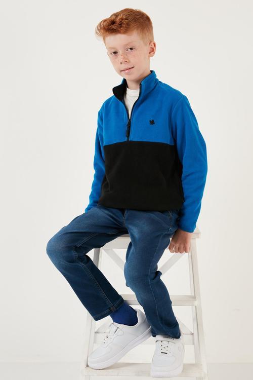 Yumuşak Dokulu Yarım Fermuarlı Renk Bloklu Dik Yaka Unisex Çocuk Polar 5905004 SAKS-SİYAH