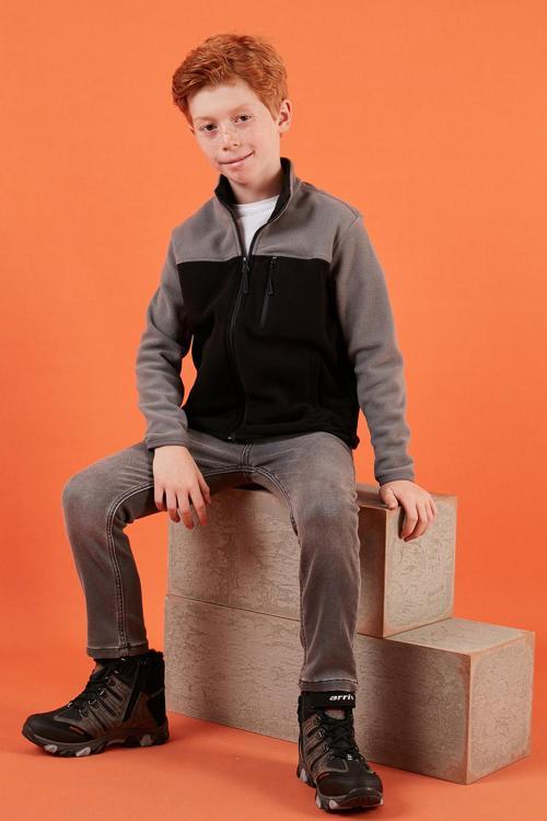 Yumuşak Dokulu Fermuarlı Renk Bloklu Dik Yaka Cepli Unisex Çocuk Polar 5905001 GRİ-SİYAH