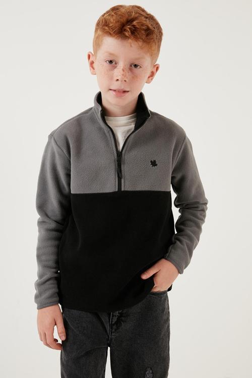 Yumuşak Dokulu Yarım Fermuarlı Renk Bloklu Dik Yaka Unisex Çocuk Polar 5905004 GRİ-SİYAH