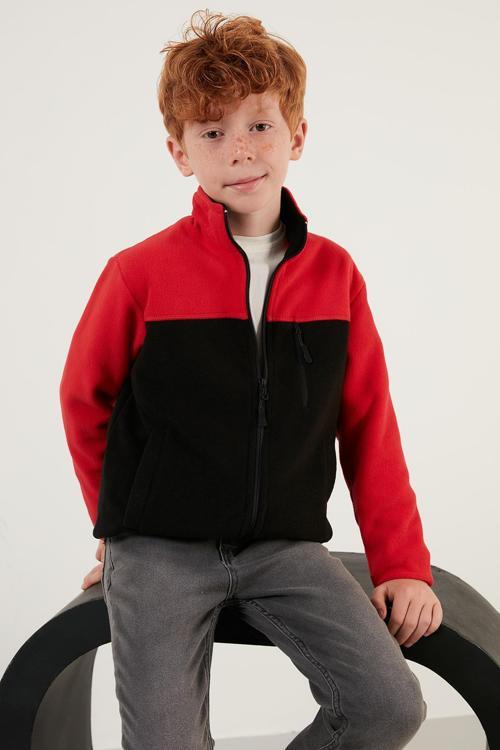Yumuşak Dokulu Fermuarlı Renk Bloklu Dik Yaka Cepli Unisex Çocuk Polar 5905001 KIRMIZI-SİYAH