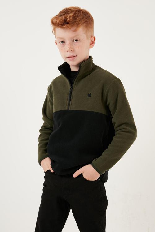 Yumuşak Dokulu Yarım Fermuarlı Renk Bloklu Dik Yaka Unisex Çocuk Polar 5905004 HAKİ-SİYAH