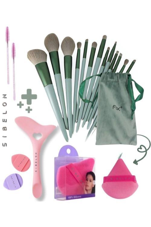 20 Parça Özel Keseli Makyaj Fırça Seti 13 Cm & Eyeliner Ruj Maskara Çekme Aparatı & Pudra Süngeri