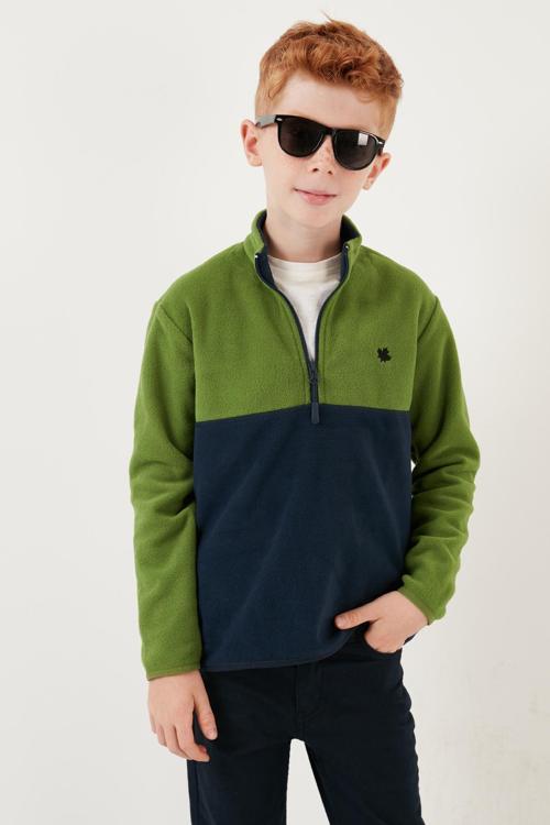 Yumuşak Dokulu Yarım Fermuarlı Renk Bloklu Dik Yaka Unisex Çocuk Polar 5905004 YEŞİL-LACİVERT