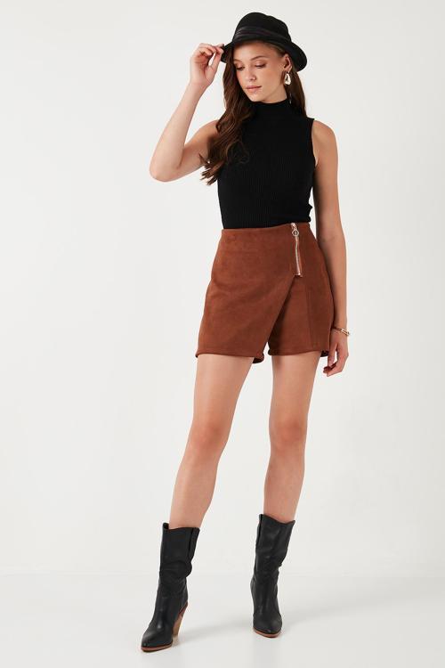 Streç Slim Fit Asimetrik Kesim Fermuarlı Kışlık Bayan Şort Etek 5865969 TABA
