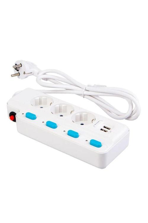 Rt-05 Termal Akım Korumalı 2500W 10 Amper 3 Lü Priz 1.5 Metre Uzatma Kablosu Çoklu Priz 2 Usb