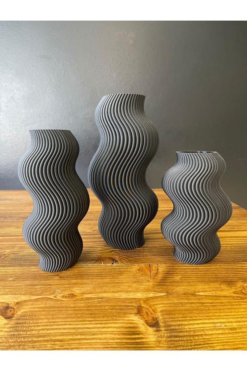 Wavy Vase Siyah Vazo Üçlü Set -Dekoratif Vazo-Şık Tasarım Vazo Seti-Ev Hediyesi- Oda Dekorasyonu