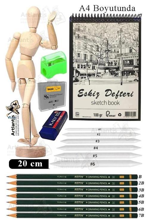 Ahşap İnsan Modeli 20 cm A4 21x29,7cm Eskiz Defteri Dereceli Karakalem Seti Dağıtma Kalemi Hamur Silgi Kalemtraş 