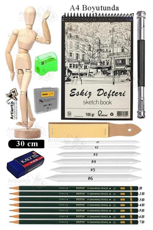 Ahşap İnsan Modeli 30cm A4 21x30 Eskiz Defteri Dereceli Karakalem Dağıtma Kalemi Zımpara Kalem Uzatma Aparat Hamur Silgi