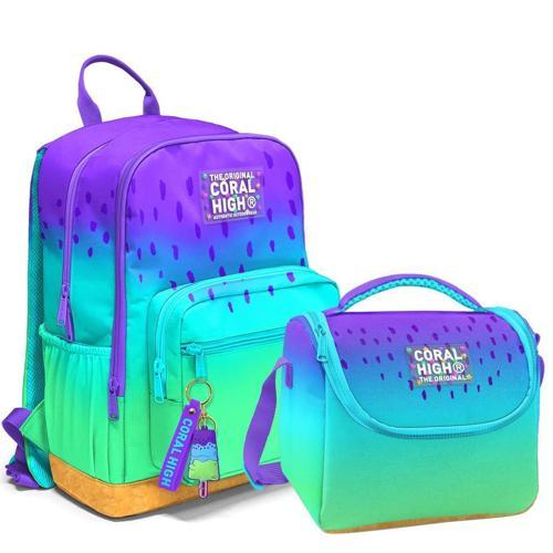 2li Set Mor Lila Desenli Okul Çantası Beslenme 23637