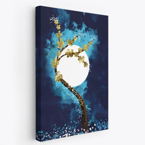 Ay ve Altın Çiçekli Ağaç Soyut Çağdaş Sanat Dekoratif Kanvas Tablo, Duvar Dekoru 4971
