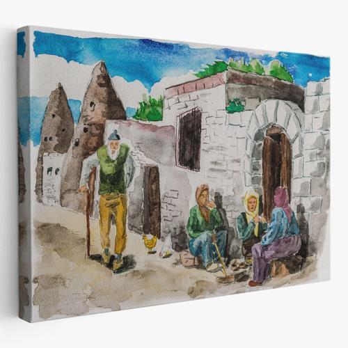 Kapadokya Göremedeki Köy Hayatı Yaşam Suluboya Görünüm Dekoratif Kanvas Tablo, Duvar Dekoru 3756