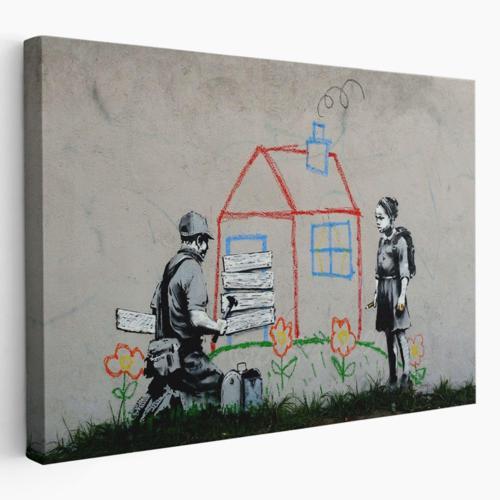 Çocuğun Çizdiği Ev ve Kapıyı Kapatan Adam, Banksy Dekoratif Kanvas Tablo, Duvar Dekoru 5019
