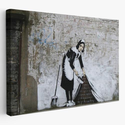 Londra Sokaklarını Süpüren Temizlikçi Kadın, Banksy Dekoratif Kanvas Tablo, Duvar Dekoru 5004