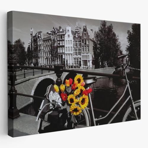 Amsterdam Kanalları Bisiklet ve Laleler Dekoratif Kanvas Tablo, Duvar Dekoru 6594