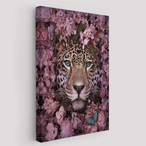 Vahşi Leopar ve Pembe Çiçekler Dekoratif Kanvas Tablo, Duvar Dekoru 6195
