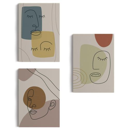 Minimal Şekiller ve Çizgi Sanat Yüzleri Soyut 3'lü Set Dekoratif Kanvas Tablo, Duvar Dekoru AP16