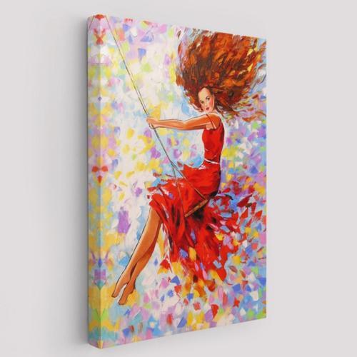 Kırmızı Elbiseli Kız Salıncakta Dekoratif Kanvas Tablo, Duvar Dekoru 6317