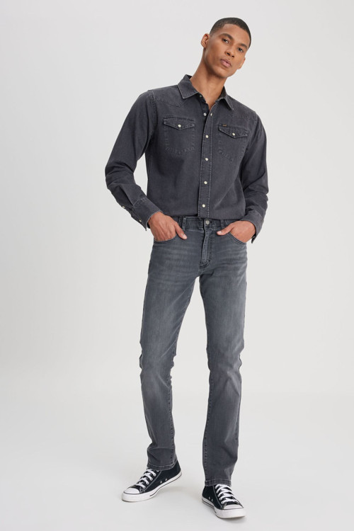 Erkek Slim Tapered Fit Dar Kesim Normal Bel Düz Paça Extreme Motion Koyu Gri Esnek Jean Kot Pantolon - L72A