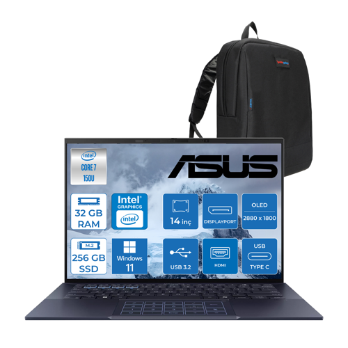 Expertbook B9 OLED B9403CVAR-C73211TBB Ntel® Core™ 7 Processor 150U 32GB 256GB SSD Intel Graphic WINDOWS11HOME 14" Wqxga+ 400NIT IPS (2880X1800) OLED Taşınabilir Bilgisayar 90NX05W106+ZETTAÇANTA