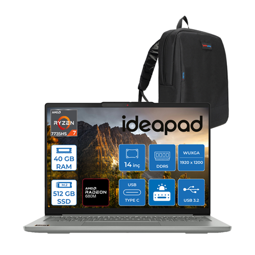 Ideapad Slim 5 Amd Ryzen 7 7735HS 40GB Ddr5 512GB SSD Amd Radeon™ 680M Freedos 14" Wuxga IPS Taşınabilir Bilgisayar IDS14ARP10F13 + Zettaçanta