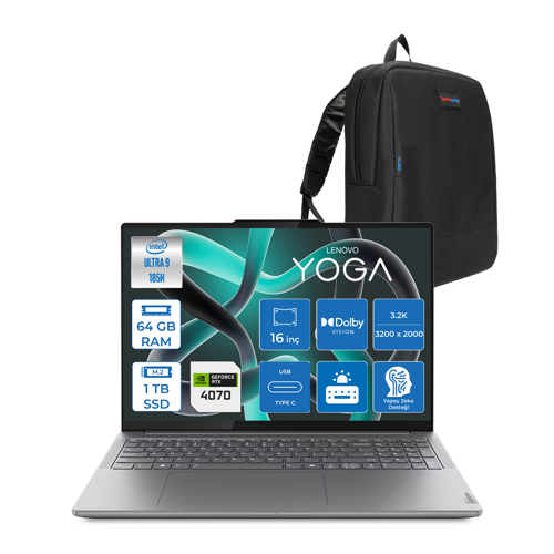 Yoga Pro 9 16IMH9 Intel Ultra 9 185H Aı 64GB Ddr5 1tbssd 8GB/RTX4070 16" 6" 3.2k (3200X2000) 1200NITS 165Hz Dokunmatik Freedos Taşınabilir Bilgisayar 883DN007GTRF03+ZETTAÇANTA