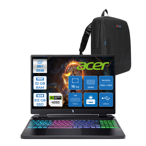 nitro AN16 Intel I7 13620H 32GB Ddr5 512GB SSD 6GB/RTX4050 16'' Wuxga (1920X1200) IPS 165Hz Nvıdıag-Sync Freedos Gaming Laptop NHQJMEY007F07+ZETTAÇANTA