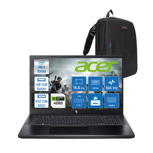 Nitro V 15 ANV15 Intel Core I7 13620H 48GB Ddr5 512GB SSD 8GB/RTX4060 75W 15.6" Fhd IPS 165HZ Freedos Gaming Laptop NHQQEEY002F12+ZETTAÇANTA