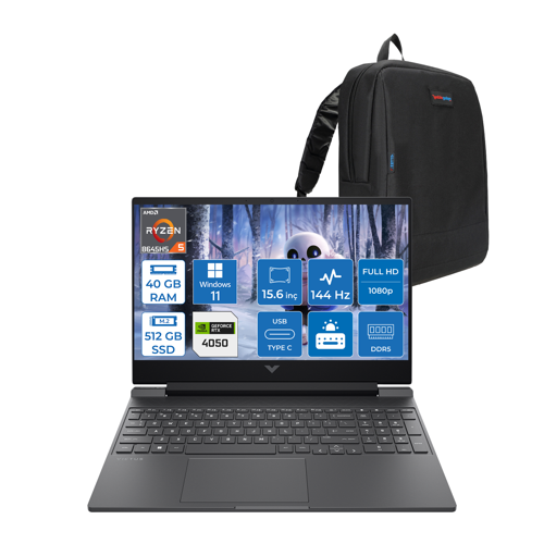 Victus Gaming 15-FB3013NT Amd Ryzen 5 8645HS 40GB Ddr5 512GB SSD Windows 11 Home RTX4050 6gb 15.6" Fhd (1920X1080) 144HZ IPS 300NİT Taşınabilir Bilgisayar B82WGEAH13 + Zetta Çanta