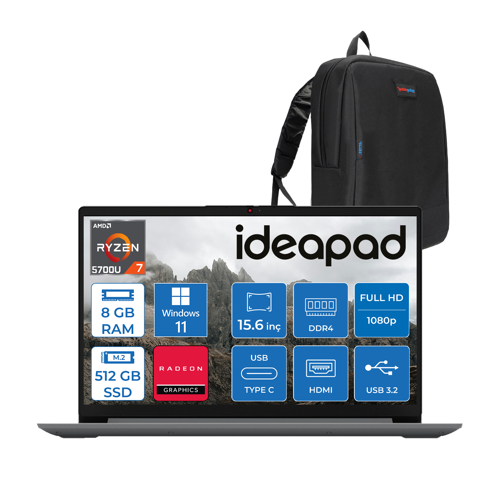 Ideapad 1 15ALC7 Amd Ryzen 7 5700U 8gb 512GB SSD Amd Radeon Graphics Windows 11 Pro 15.6" Fullhd Taşınabilir Bilgisayar Gri 82R400R4TRP02 + Zetta Çanta