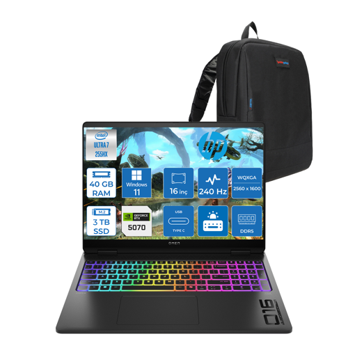 Omen Max 16-AH0021NT Intel Core Ultra 7 255HX 40GB Ddr5 1tb SSD + 2 Tb SSD 8gb Nvıdıa RTX5070 16 Inç 500NITS 2k Wqxga 240Hz 3ms IPS Windows 11 Home Siyah OB92QXEAH03 + Zetta Çanta
