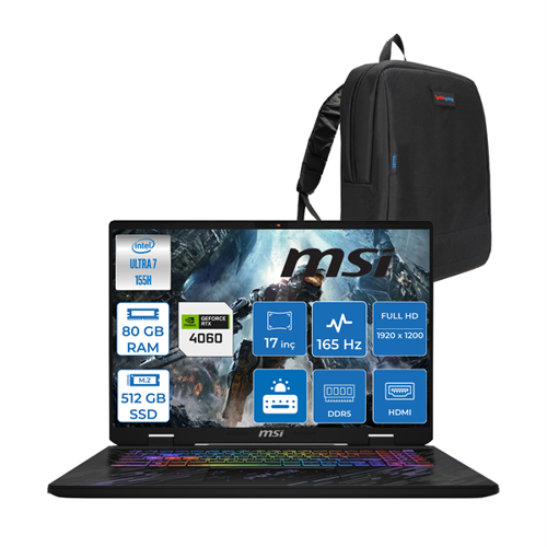Pulse 17 Aı Intel Core Ultra 7 155H 80GB Ddr5 512GB SSD 8GB/RTX4060/140W 17" IPS Wuxga 165Hz Freedos Taşınabilir Bilgisayar C1083XTRF23 + Zettaçanta