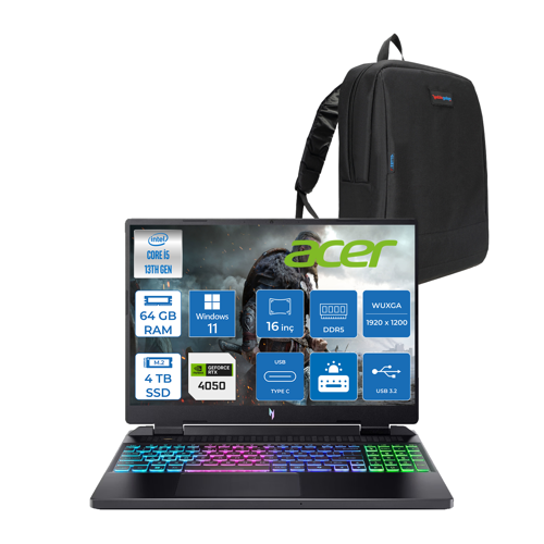 nitro AN16 Intel İ5-13420H 64GB Ddr5 4tb SSD 6GB/RTX4050 16'' Wuxga (1920X1200) IPS 165Hz Nvıdıag-Sync WIN11HOME Gaming Laptop NHQJMEY005H20+ZETTAÇANTA