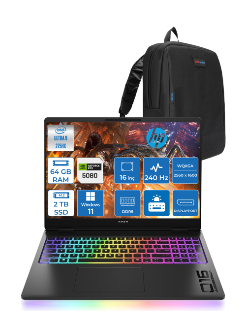 Omen Max 16-WAH0022NT Intel Core Ultra 9 275HX 64GB Ddr5 2tb SSD 16GB Nvıdıa RTX5080 16 Inç 3ms 500NIT Wqxga 240Hz Windows 11 Pro Siyah OB88F2EAP14 + Zetta Çanta
