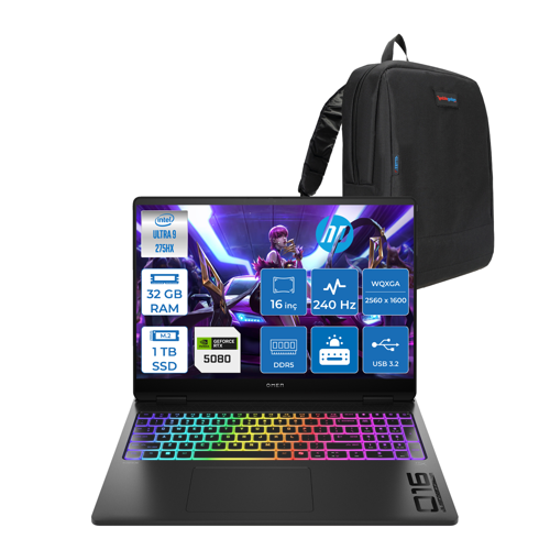 Omen Max 16-AH0010NT Intel Core Ultra 9 275HX 32GB Ddr5 1tb SSD 16GB Nvıdıa RTX5080 16 Inç 2k Wqxga 240Hz 3ms IPS Freedos Siyah OB92QREAF01 + Zetta Çanta
