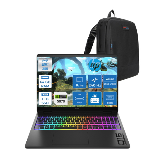 Omen Max 16-AH0021NT Intel Core Ultra 7 255HX 64GB Ddr5 1tb SSD 8gb Nvıdıa RTX5070 16 Inç 500NITS 2k Wqxga 240Hz 3ms IPS Freedos Siyah OB92QXEAF13 + Zetta Çanta