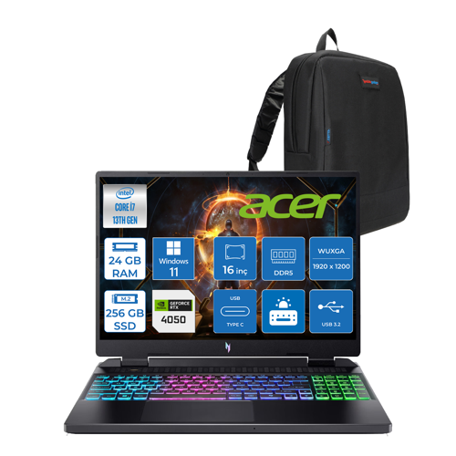 nitro AN16 Intel I7 13620H 24GB Ddr5 256GB SSD 6GB/RTX4050 16'' Wuxga (1920X1200) IPS 165Hz Nvıdıag-Sync WIN11WIN11PRO Gaming Laptop NHQJMEY007W01+ZETTAÇANTA