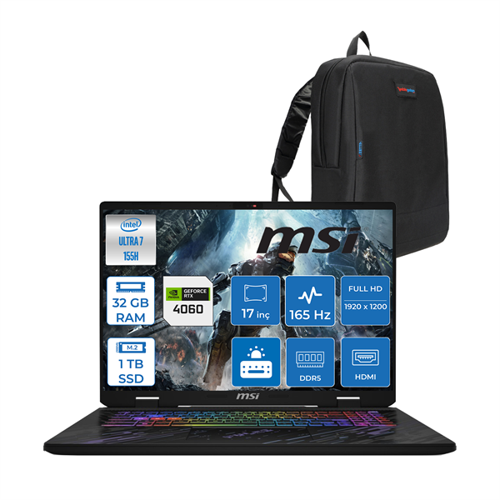 Pulse 17 Aı Intel Core Ultra 7 155H 32GB Ddr5 1tb SSD 8GB/RTX4060/140W 17" IPS Wuxga 165Hz WIN11HOME Taşınabilir Bilgisayar C1083XTRH08 + Zettaçanta