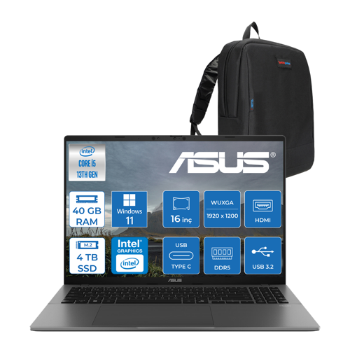 Vivobook S16 S3607VA Intel Core I5 13420H Ddr5 40GB 4tb SSD Windows 11 Pro 16" 300NITS Wuxga IPS 144HZ Taşınabilir Bilgisayar RP030WP12 + Zetta Çanta