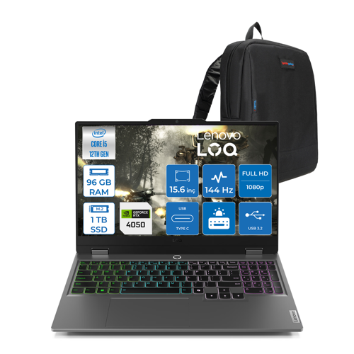 Loq 15IAX9 Intel Core I5 12600HX 96GB Ddr5 1tb SSD 6GB/RTX4050 105W IPS 300NITS 144Hz Freedos 15.6" Fhd Freedos Taşınabilir Bilgisayar W83GS00PETRF30+ZETTAÇANTA