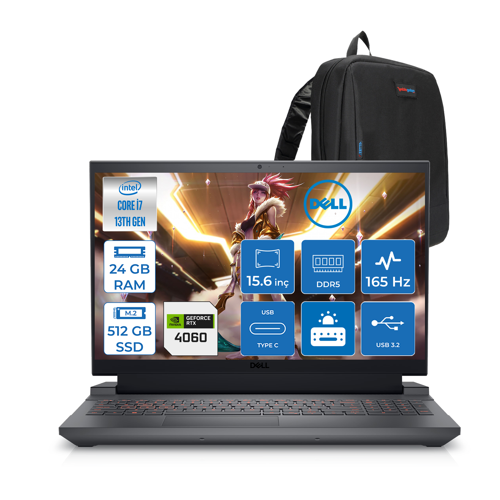 Gaming G15 5530 Intel Core I7 13650HX 24GB Ddr5 512GB SSD Freedos RTX4060 8gb 140W 15.6" Fhd (1920X1080) 165HZ 3ms 300NİTS Taşınabilir Bilgisayar G155530014UF05 + Zetta Çanta