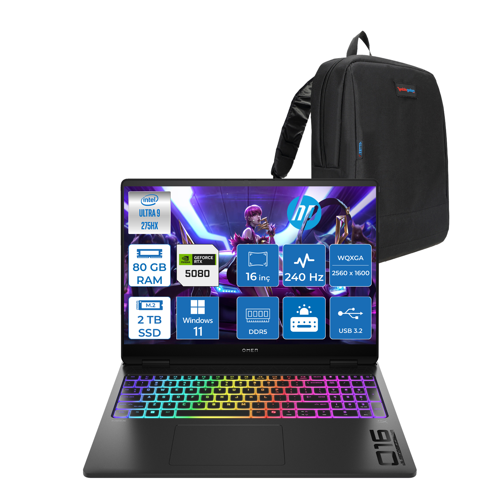 Omen Max 16-AH0010NT Intel Core Ultra 9 275HX 80GB Ddr5 2tb SSD 16GB Nvıdıa RTX5080 16 Inç 2k Wqxga 240Hz 3ms IPS Windows 11 Pro Siyah OB92QREAP18 + Zetta Çanta