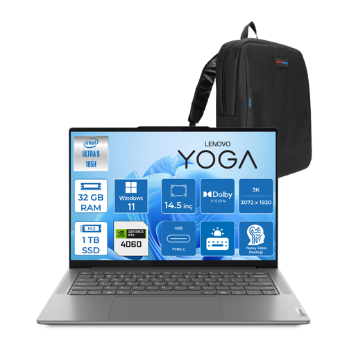 Yoga Pro 7i 14IMH9  Ultra 9 185H Aı 32GB 1tb SSD 8GB/RTX4060 14.5" 3k (3072X1920) IPS 400NITS 120 Hz Dokunmatik WIN11PRO Taşınabilir Bilgisayar Y83E200CTTR09+ZETTAÇANTA